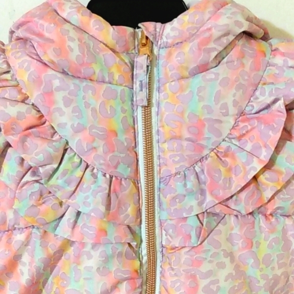 WIPPETTE GIRLS RAINBOW CHEETAH QUILTING HOODED RUFFLE TRIM PUFFER COAT SZ 2T NWT - Picture 2 of 9